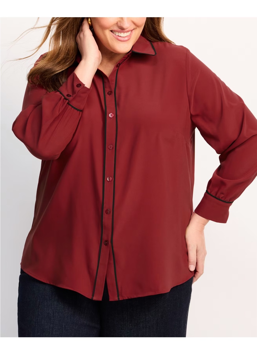 41 Hawthorn Burgundy Button-Front Blouse with Black Piping